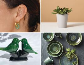 Collage of four 35th anniversary gift ideas: jade hoop earrings, succulent, dinner set, jade lovebird figurine