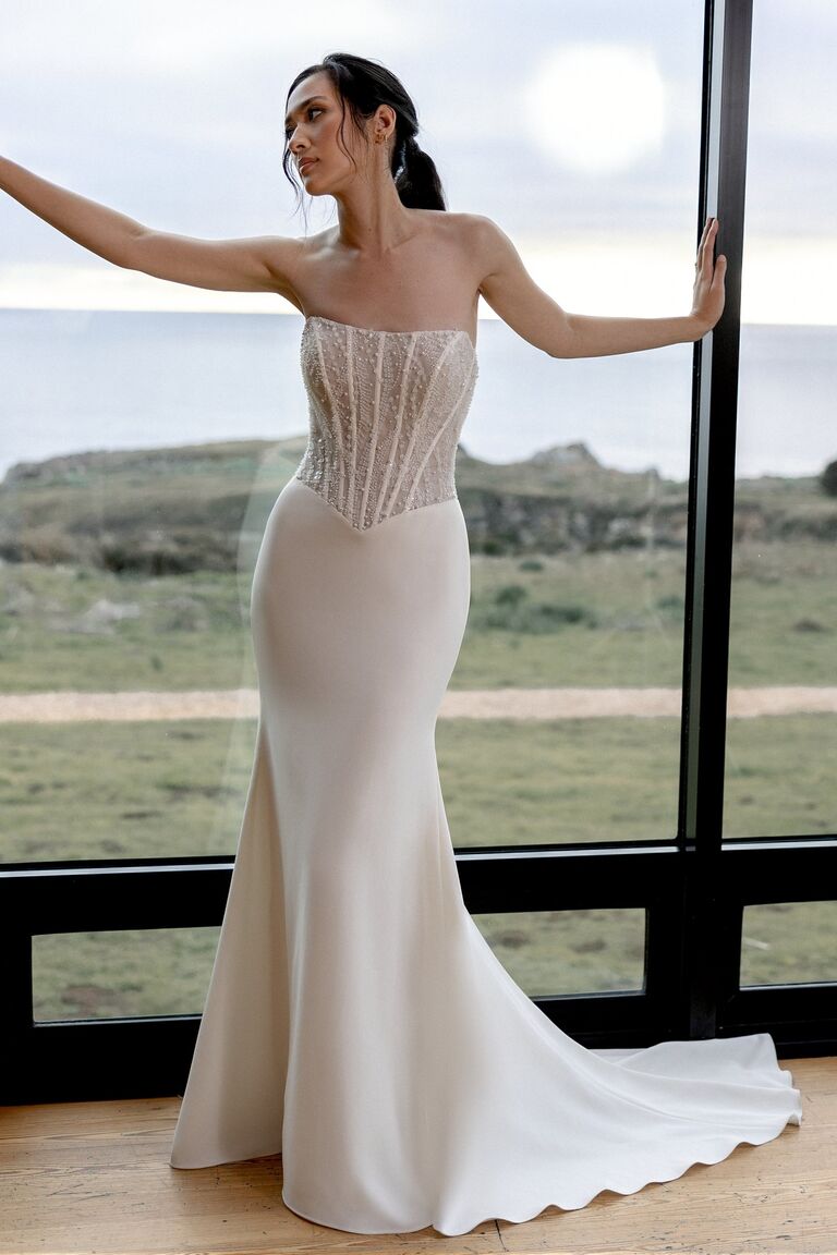 Strapless Justin Alexander Adore wedding dress with beaded corset and simple skirt