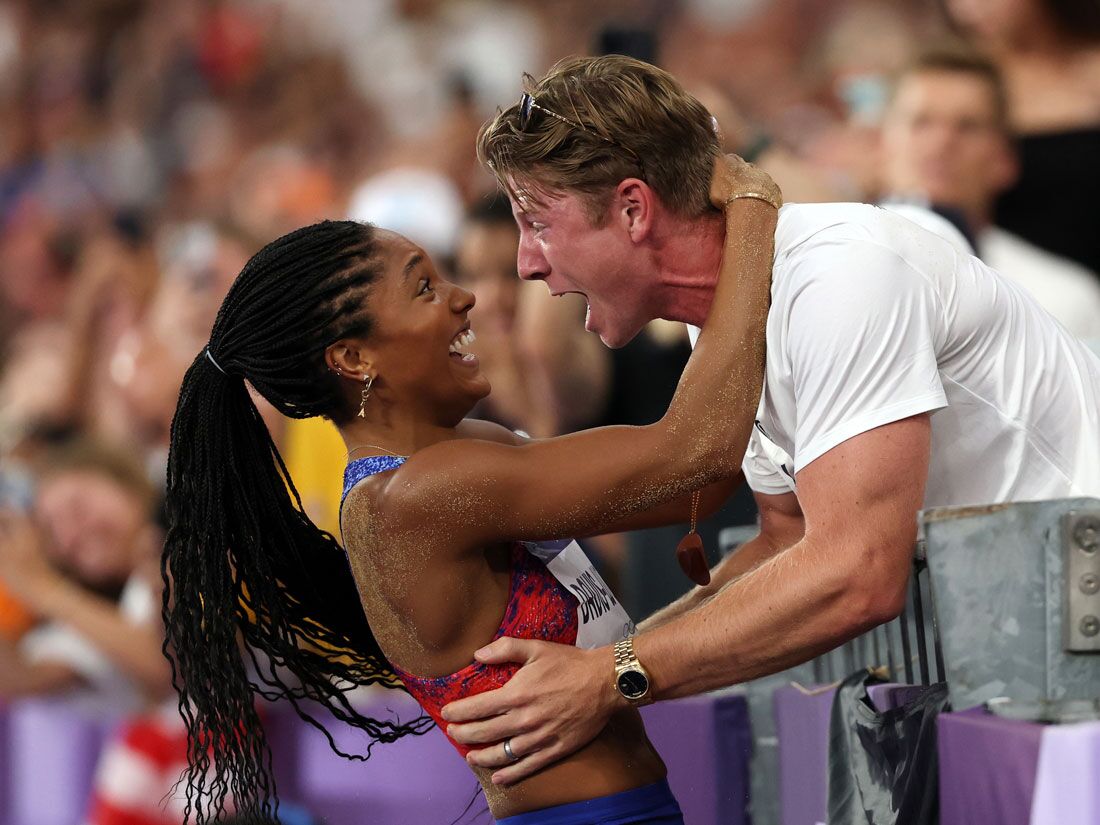 Tara Davis and husband Hunter Woodhall at the 2024 Olympics
