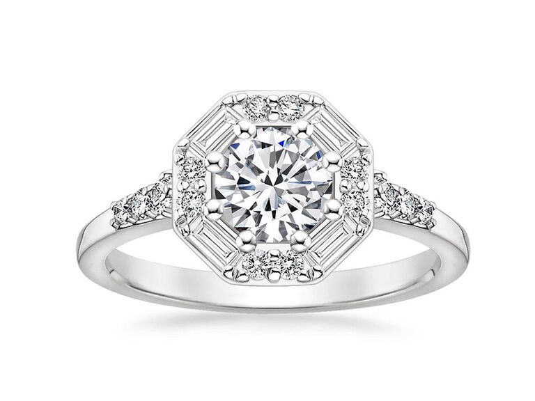 brilliant earth round cut engagement ring with diamond center stone baguette and round diamond halo diamond encrusted sides and plain white gold band