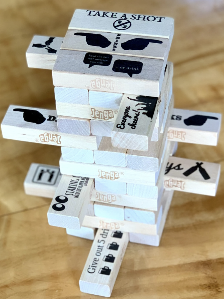 DIY drunk Jenga!  Adult party games, Drinking games, Birthday party games