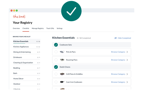 The Knot registry checklist with categories checked off under “Kitchen Essentials”.