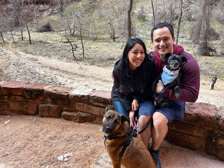 We did an unplanned cross-country trip in a Tesla to go home for Christmas in 2021. This is a picture of us and our dogs when we stopped in Zion National Park in Utah on the way back to California.