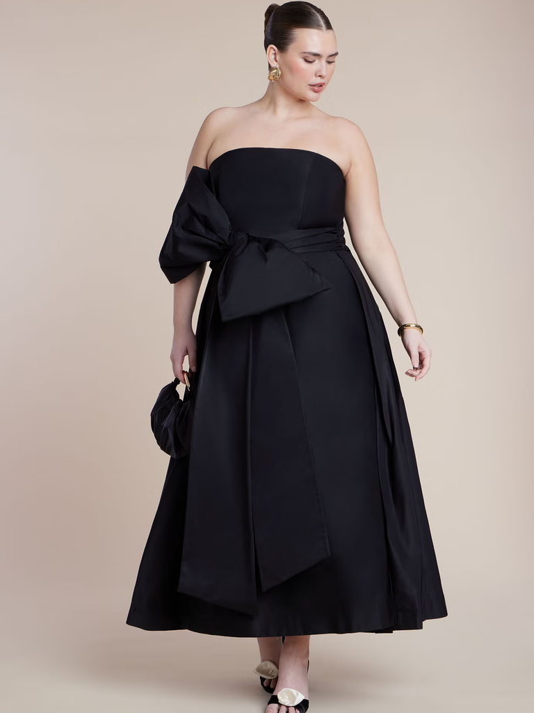 Black strapless bow black tie optional dress from ELOQUII