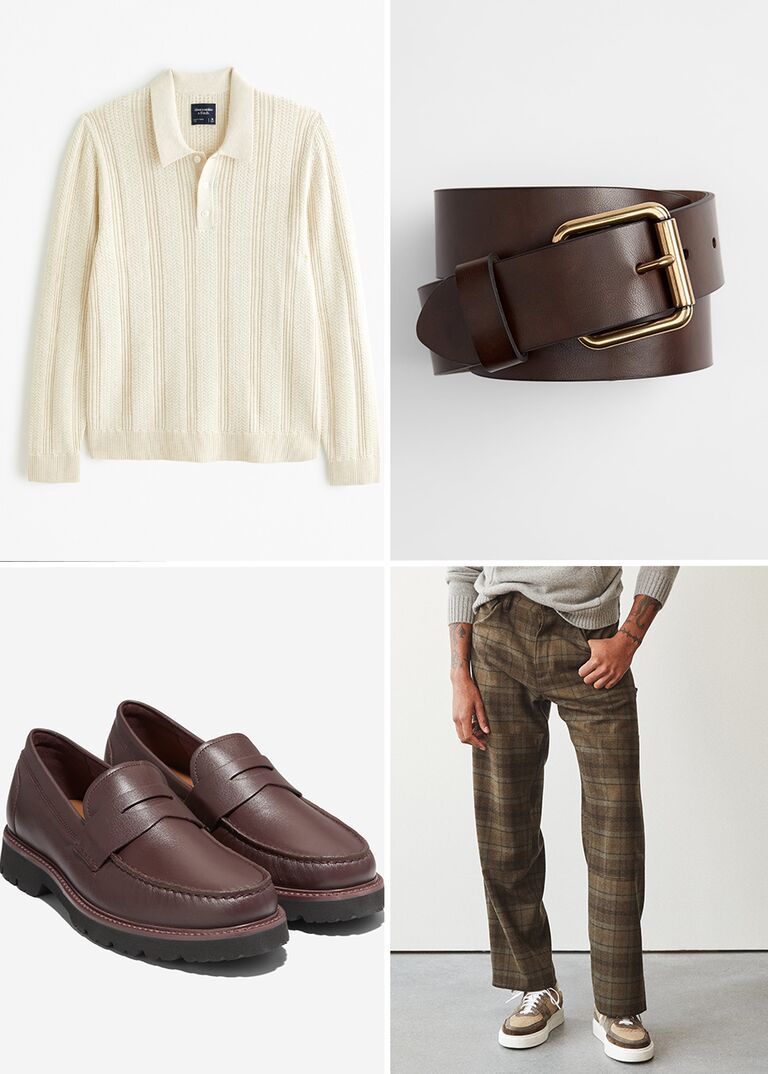 Winter engagement photo outfit: cream sweater, brown belt, plaid pants, brown loafers