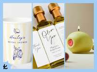 Three ideas for an Italian themed bridal shower: Italian-themed paper cups, custom olive oil favors, olive candle