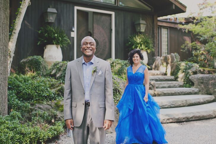 Backyard Wedding First Look In Blue Wedding Dress