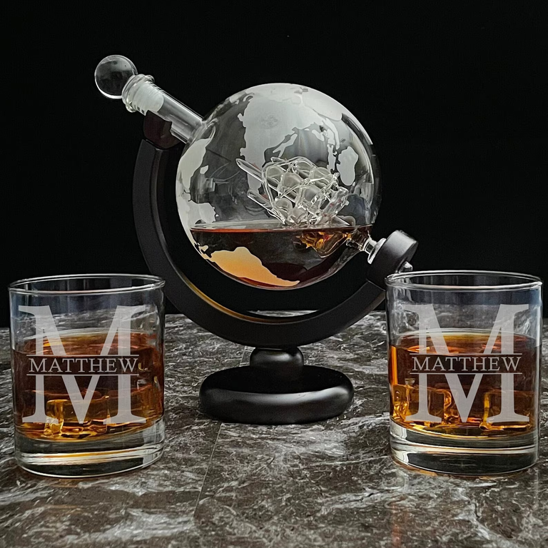 Personalized whiskey decanter set with glasses