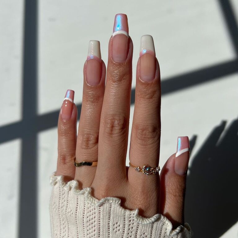 Iridescent French manicure bachelorette nails