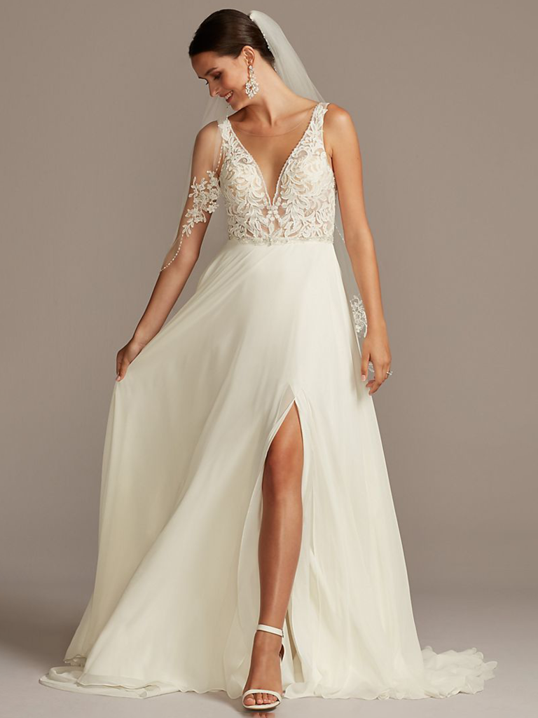 Beach Wedding Dresses Front Slit Lace Applique Off Shoulder A Line Bridal  Gowns
