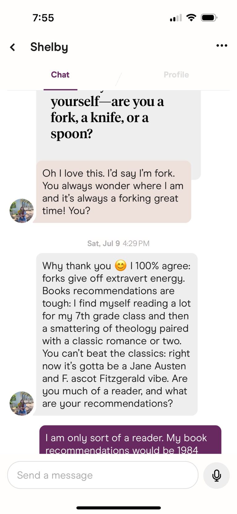 Shelby and Caleb match on hinge while she is on a trip in France. Because of summer schedules- they don't meet until a full month later. Conversation kept it going <3