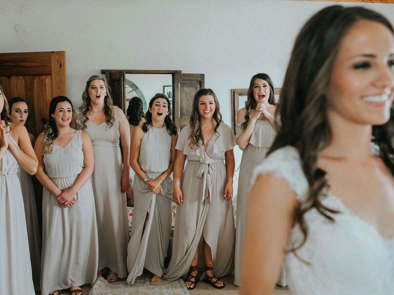 First look with bridesmaids on wedding morning