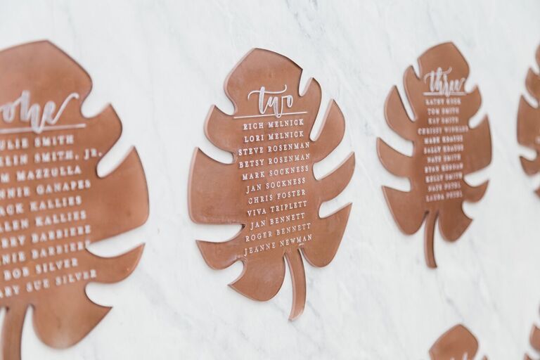 Leaf-shaped copper acrylic seating chart