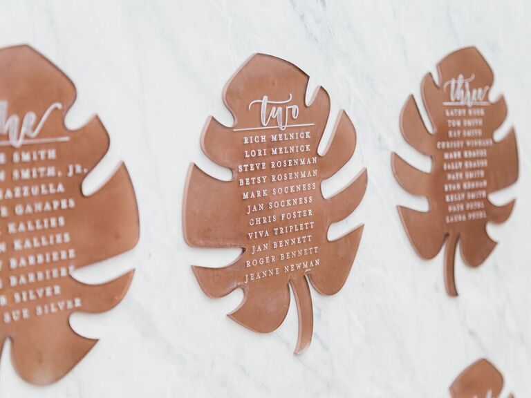 Leaf-shaped copper acrylic seating chart