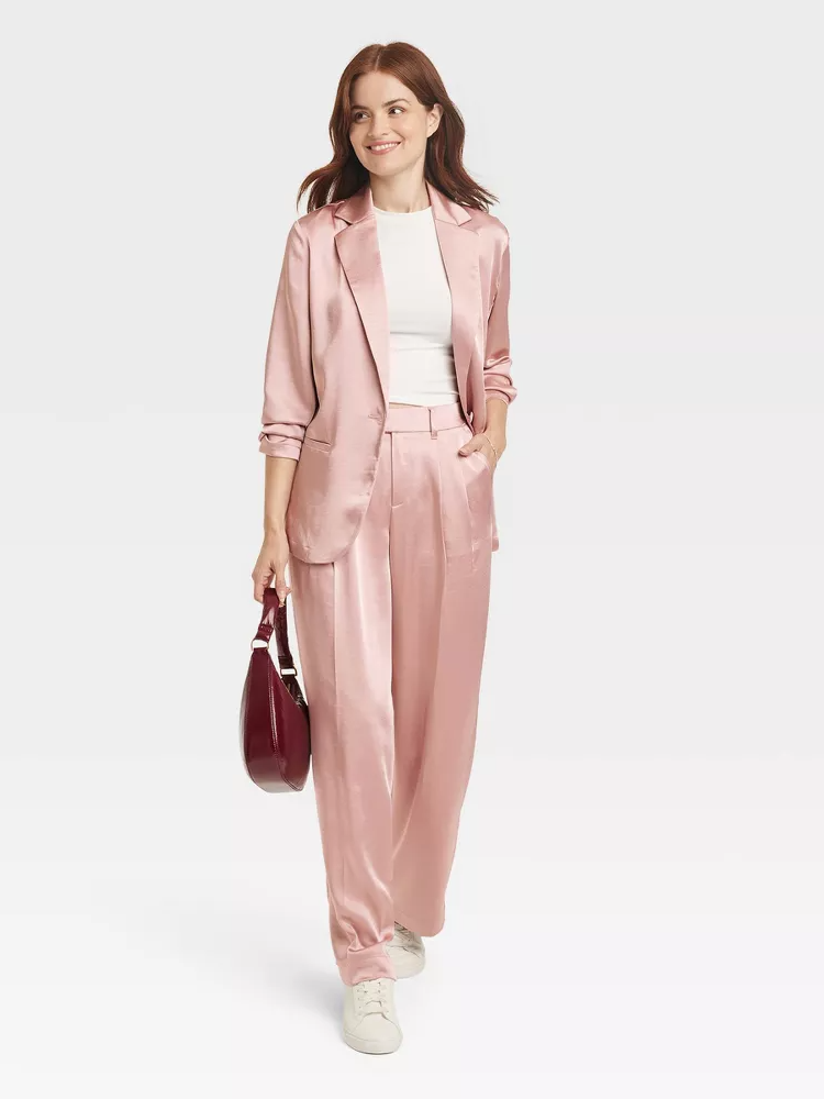 Pink Pantsuit for Women, Dress Pant Suit, 2 Piece Deep V Blazer