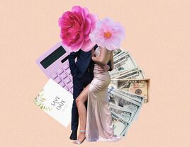 Collage of wedding guests, money, calculator, and save the date, how to save money as a wedding guest