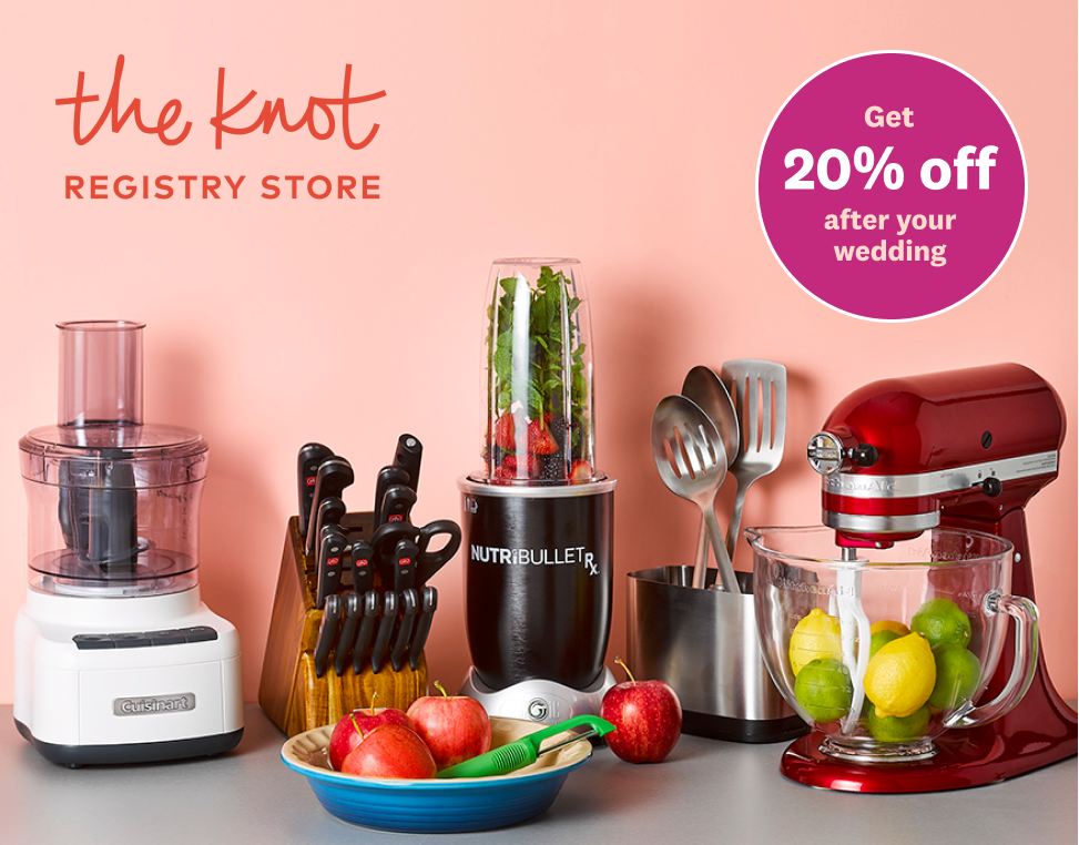 Kitchen appliances and tools on a tabletop include a food processor, knife set, blender, spatulas, stand mixer, peeler and ceramic serving plate. Graphics above say “The Knot Registry Store” “Get 20% off after your wedding.”