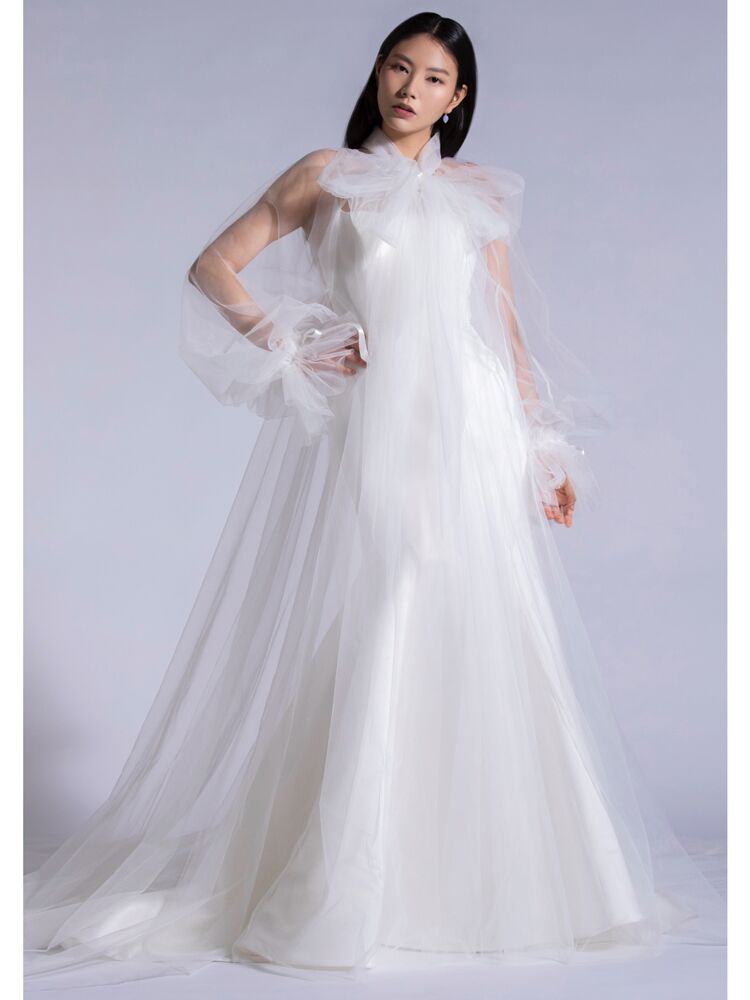 Watters organza ball gown with sheer overcoat 