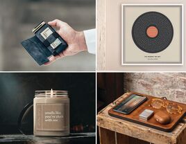 Four anniversary gifts for boyfriend: wallet, vinyl song art, charging valet tray, scented candle