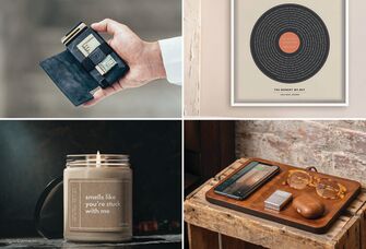 Four anniversary gifts for boyfriend: wallet, vinyl song art, charging valet tray, scented candle