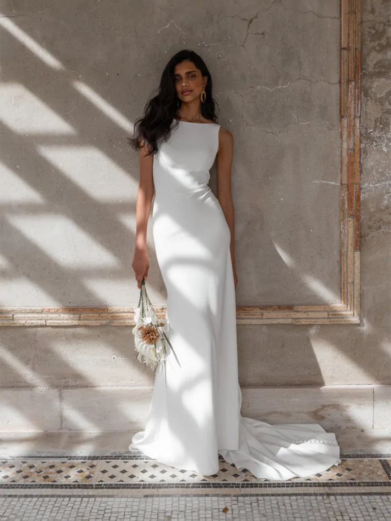 Boat neck outlet wedding gown