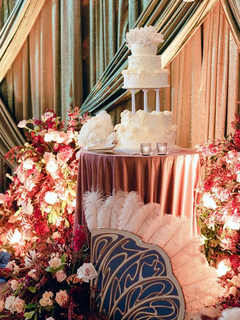 Fie tier white wedding cake, taylor swift themed wedding