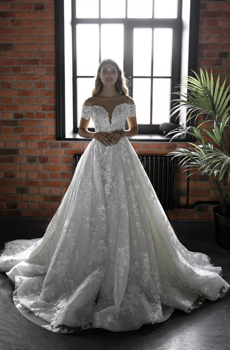 Traditional ball gown with off-the-shoulder cap sleeves