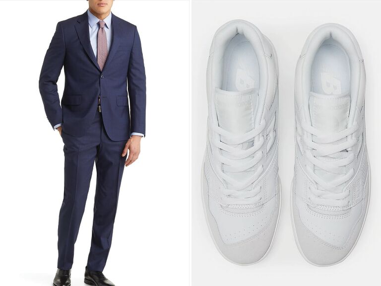 A navy suit and white sneaker combo for your wedding day