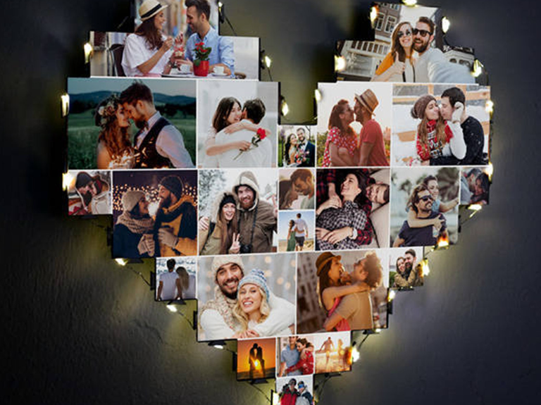 Heart shaped photo collage with LED lights