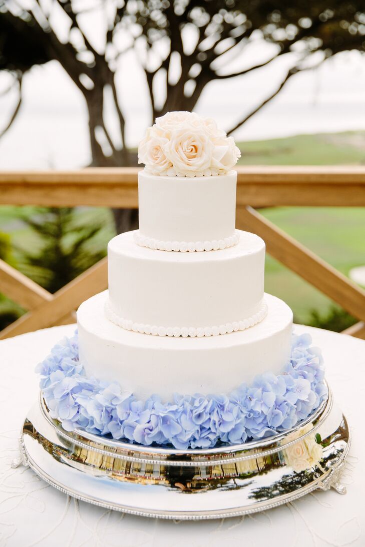 Classic White Wedding Cake With Violet Blossoms