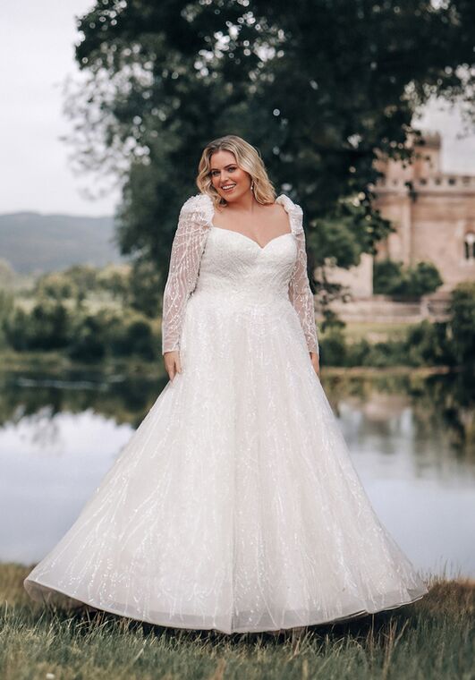sachin and babi light blue dress Plus-Size Shimmering Fit-And-Flare Wedding Dress With Ruffled Tulle Skirt