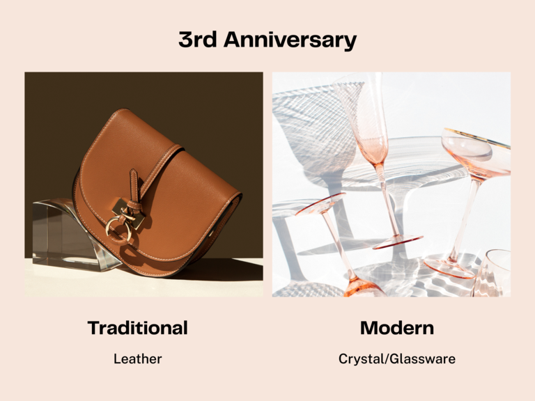 Third anniversary traditional gift leather and modern gift crystal or glassware