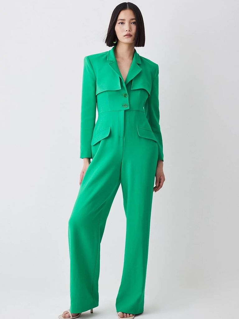 Karen Millen green jumpsuit for a wedding. 