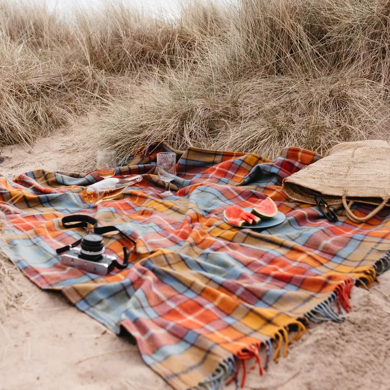 Multicolored plaid wool picnic blanket anniversary gift for couples who have everything