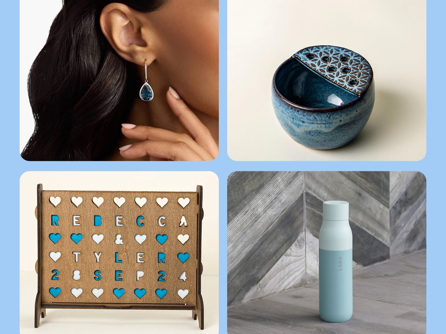 Four-year anniversary gifts: topaz earrings, ceramic bowl, smart water bottle, custom four-across game