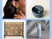 Four-year anniversary gifts: topaz earrings, ceramic bowl, smart water bottle, custom four-across game