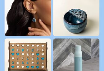 Four-year anniversary gifts: topaz earrings, ceramic bowl, smart water bottle, custom four-across game