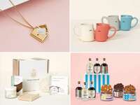 Four anniversary gifts for wives: a love letter necklace, kissing face mugs, a wine tasting box, and a spa gift set