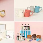 Four anniversary gifts for wives: a love letter necklace, kissing face mugs, a wine tasting box, and a spa gift set