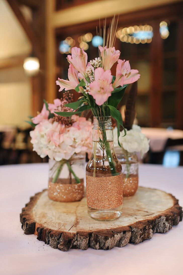 Rustic Tree Stump Centerpieces with Mason Jars and Pink Alstroemeria