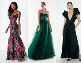 collage of three formal black-tie bridesmaid dresses