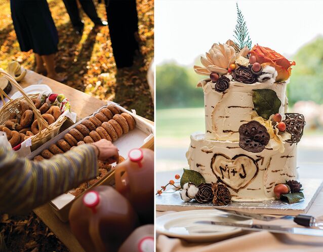 Fall engagement party ideas: apple cider and cider donuts, birch bark cake