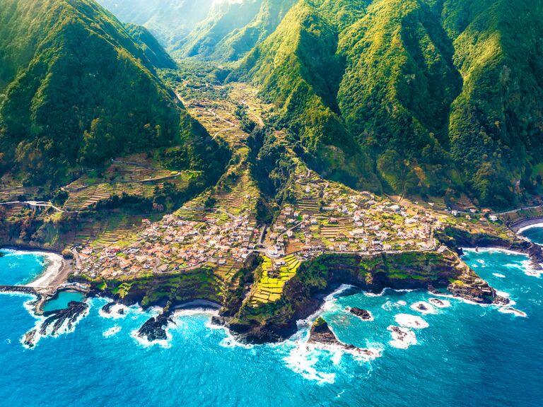 Aerial view of Madeira island. Land meets ocean in Seixal, Madeira, Portugal
