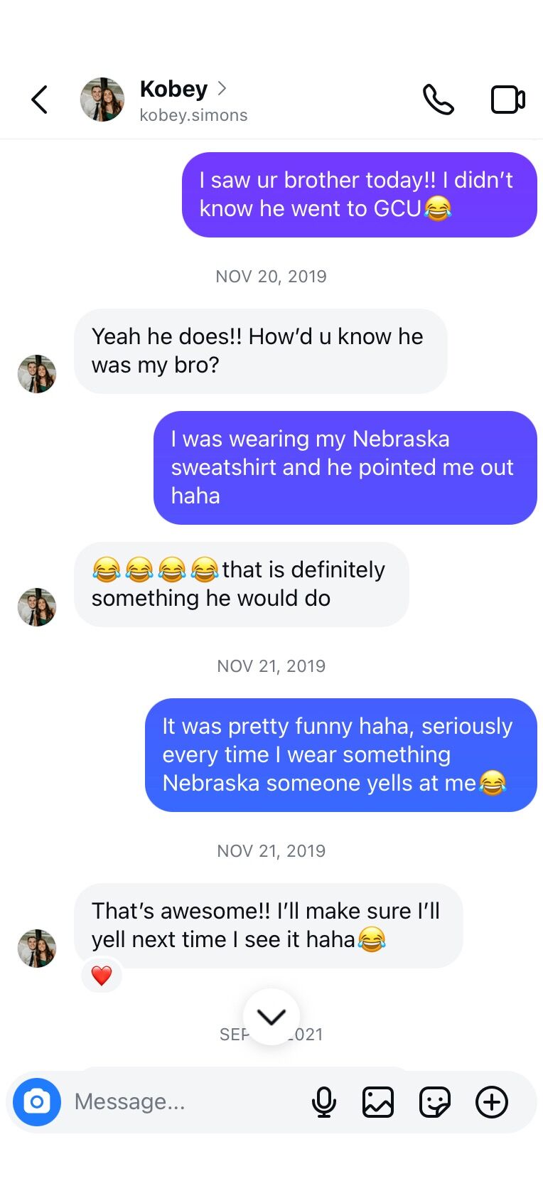 Even though Allison got rejected in sand volleyball, she still decided to reach out and tell Kobey about his brother (Ben) yelling at her across campus because of a Nebraska hoodie she was wearing.  