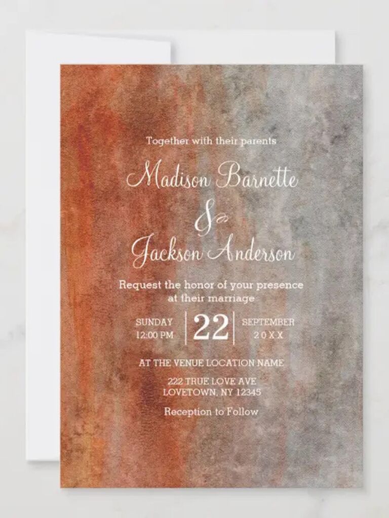 Burnt orange and gray watercolor background with event details in white script