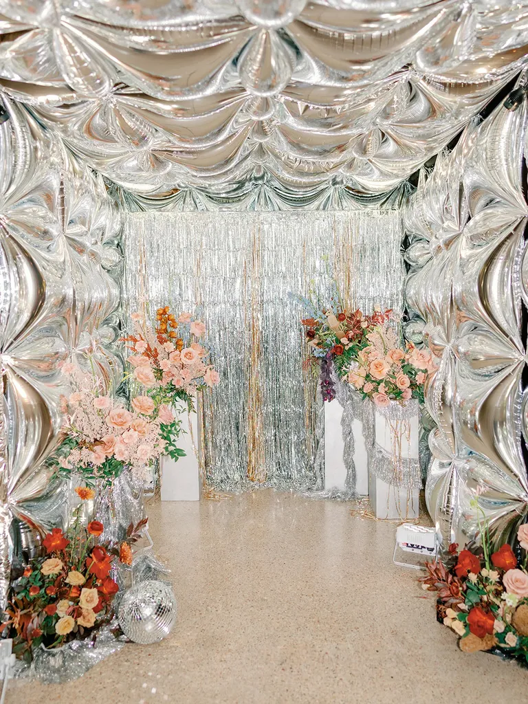 Silver mirrored backdrop wedding decor, taylor swift themed wedding 