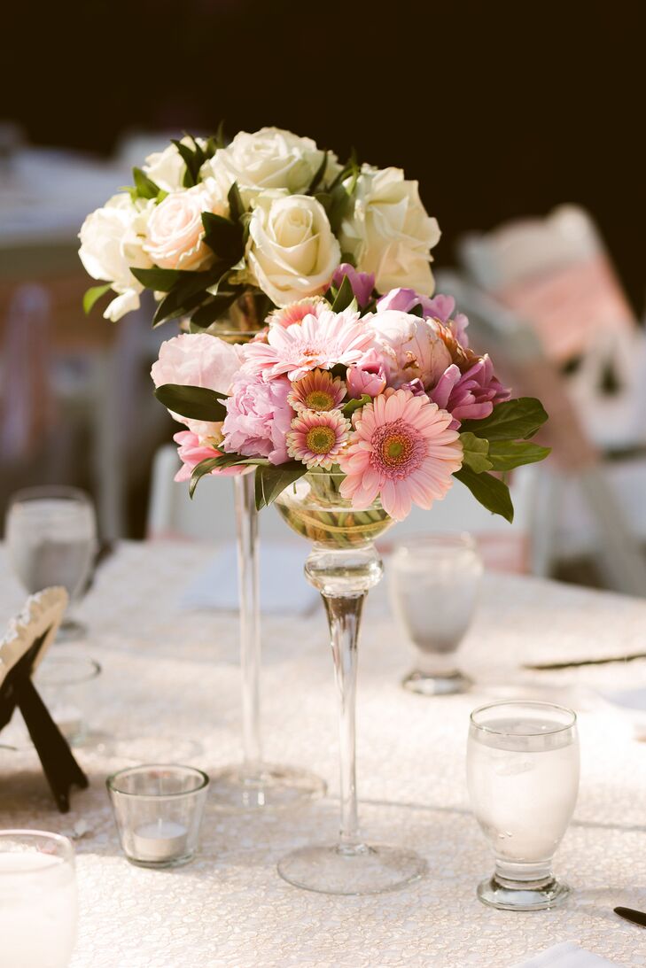 Ivory Rose and Pink Gerbera Daisy Centerpieces