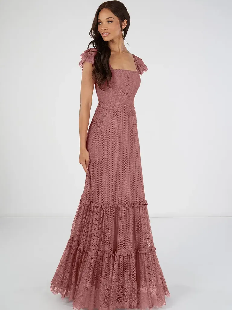 Desert Rose A-Line Lace Viscose Floor-Length Dress for wedding guests and bridesmaids
