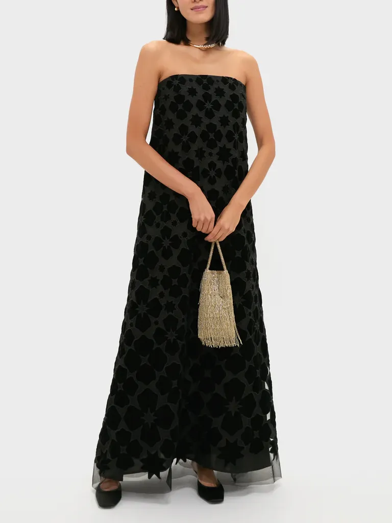 Black strapless velvet floral wedding guest dress winter from Tuckernuck