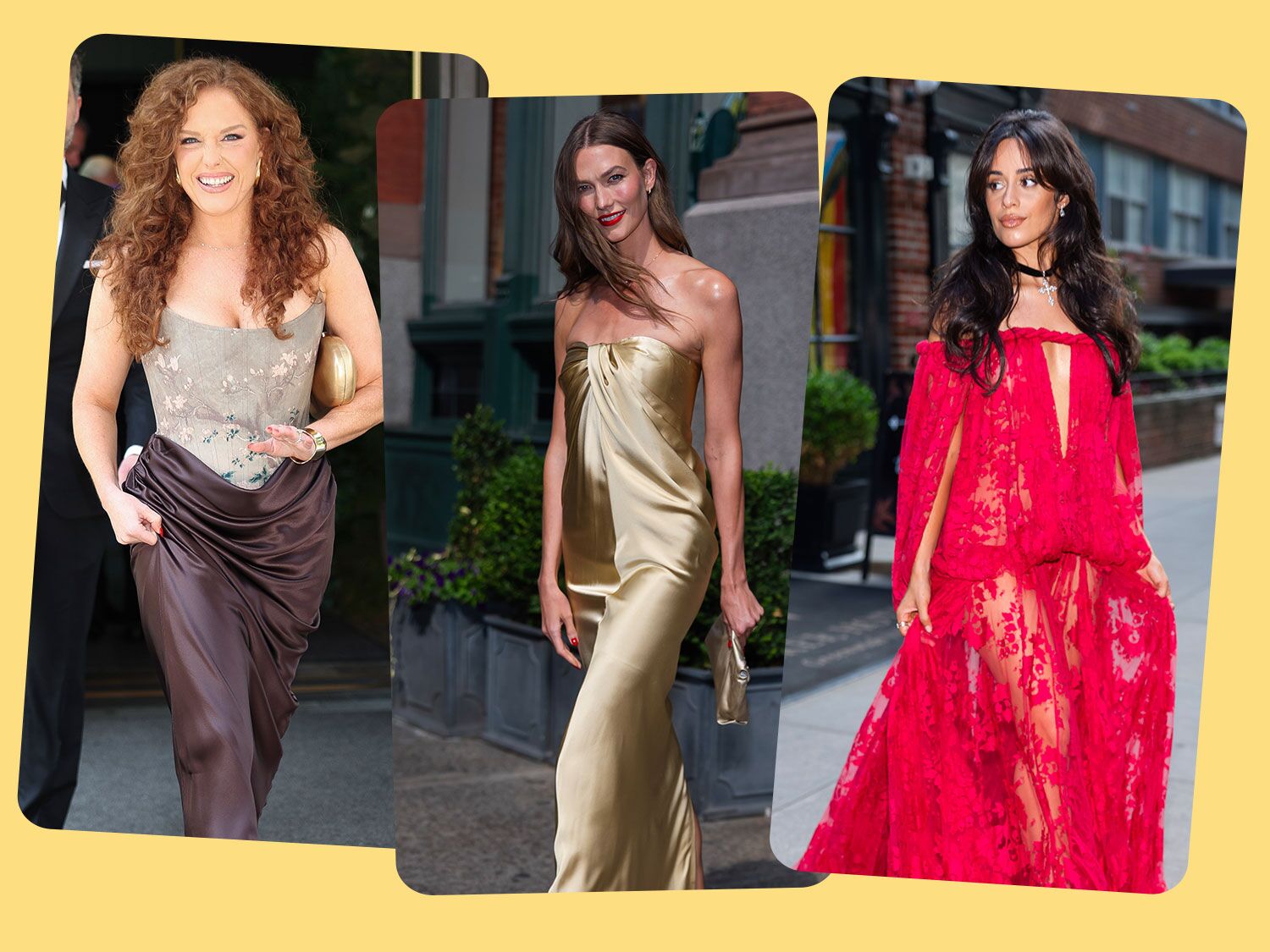 Collage of Abigail Anderson, Karlie Kloss and Camila Cabello attending Taylor Swift's wedding